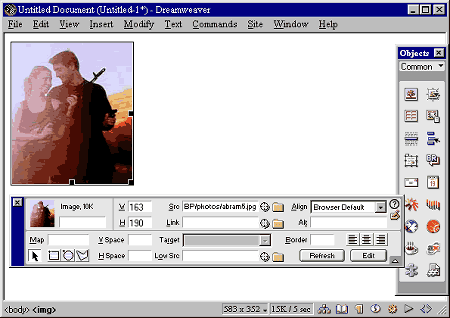 Панель свойств изображения в Macromedia Dreamweaver 3