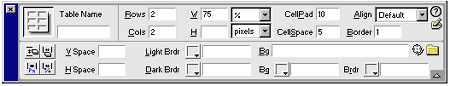 Панель свойств таблицы в Macromedia Dreamweaver 3