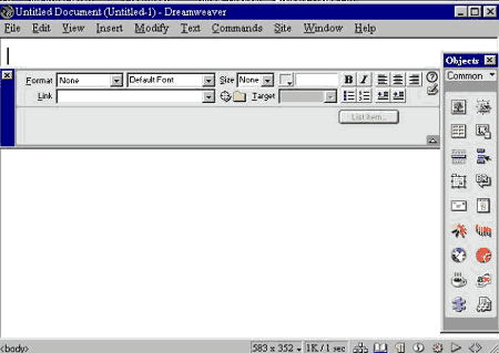 Главное окно Macromedia Dreamweaver 3